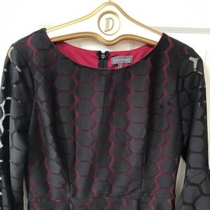 Luxology Fit & Flare Red Dress w/Black Overlay & Bell Sleeves
